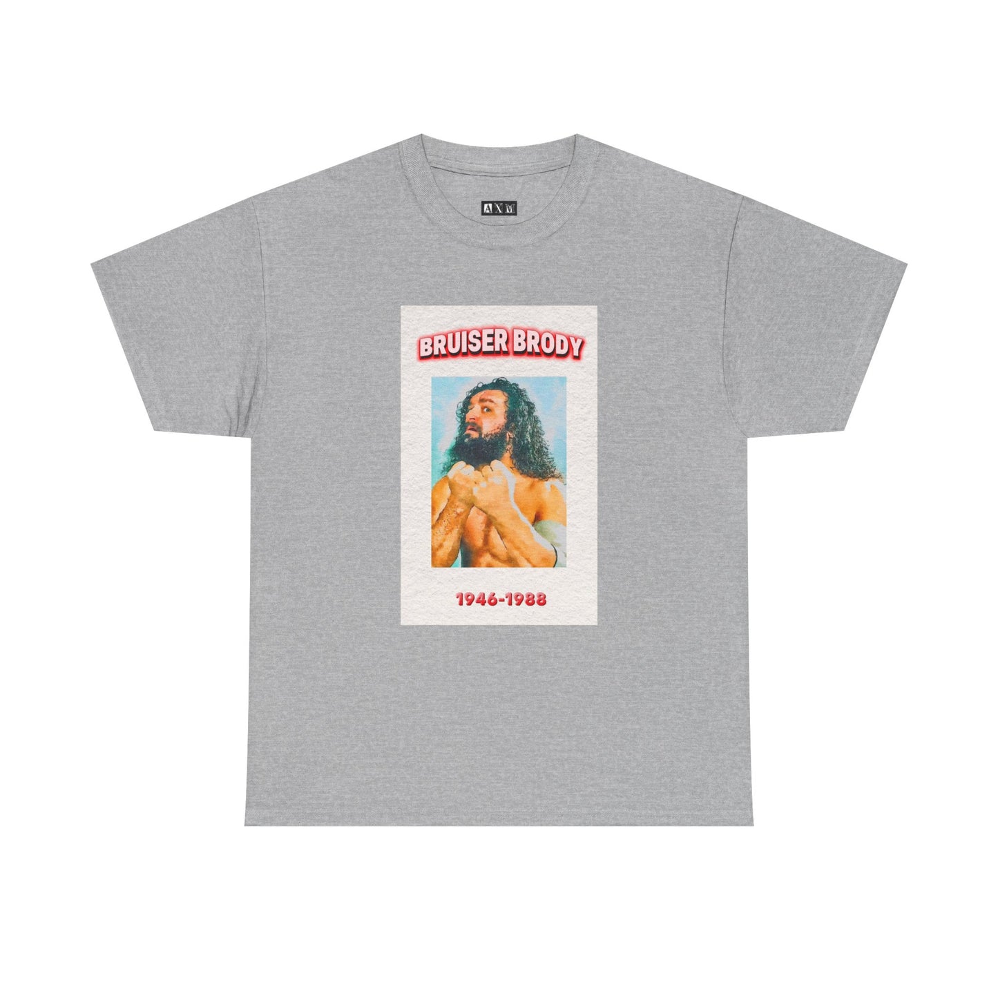 Bruiser Brody unisex heavyweight tee shirt. It blazes with power and pride. It features his iconic image and lasting years, it’s more than a shirt—it’s a tribute to the wild heart of professional wrestling.