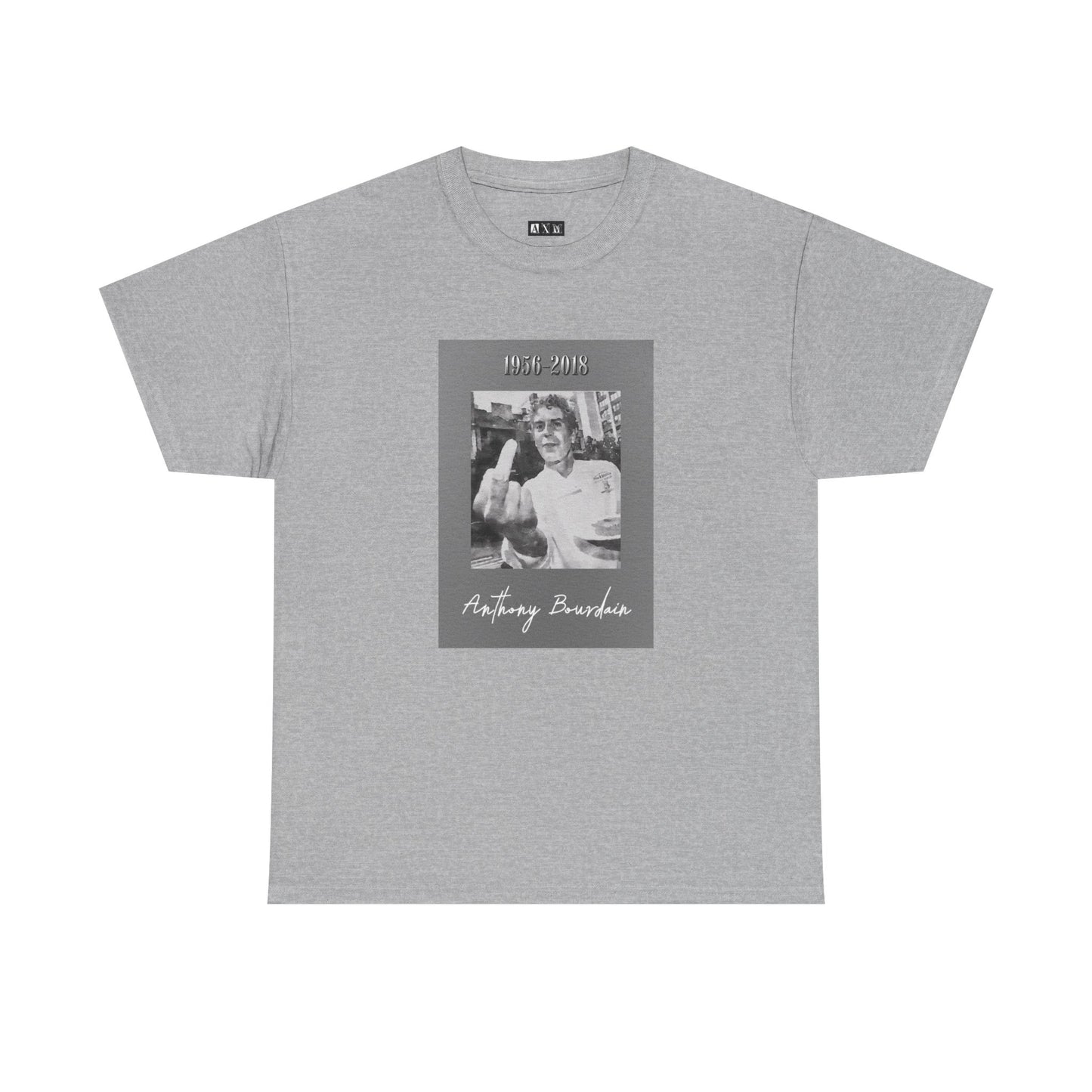 Anthony Bourdain unisex heavyweight tee shirt featuring his years 1956-2018. A stylish tribute to the late chef and TV personality. Perfect for fans of his extraordinary life and unapologetic spirit.