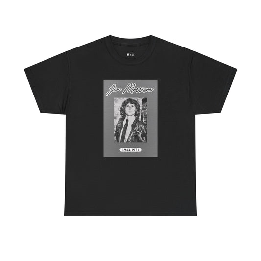 Jim Morrison black unisex heavyweight tee shirt featuring his name in script above a grayscale portrait, with the years 1943–1971 underneath. A timeless tribute to the legendary Doors frontman and rock’s eternal poet.