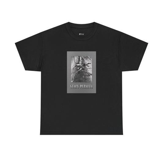 Stacy Peralta unisex heavyweight tee shirt. It unleashes skateboarding’s raw spirit with a gray border and vintage photo.  A tribute to rebellion, freedom, and fearless style. Wear history. Command attention.