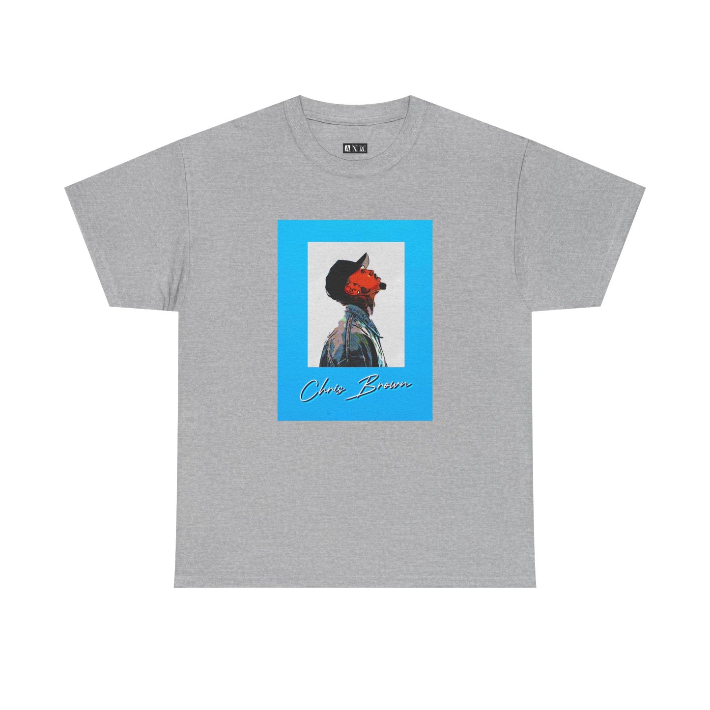 Chris Brown unisex heavyweight tee shirt. Turn heads with a striking side-profile portrait framed in electric blue. A fusion of art and music, this shirt radiates star power, street style, and undeniable confidence.