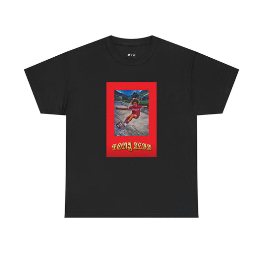 Tony Alva unisex heavyweight tee shirt which rides the edge of freedom and rebellion.  The bold red frame, vintage photo, and old-school lettering captures the raw energy of skateboarding’s godfather. A shirt that screams freedom, grit, and style.