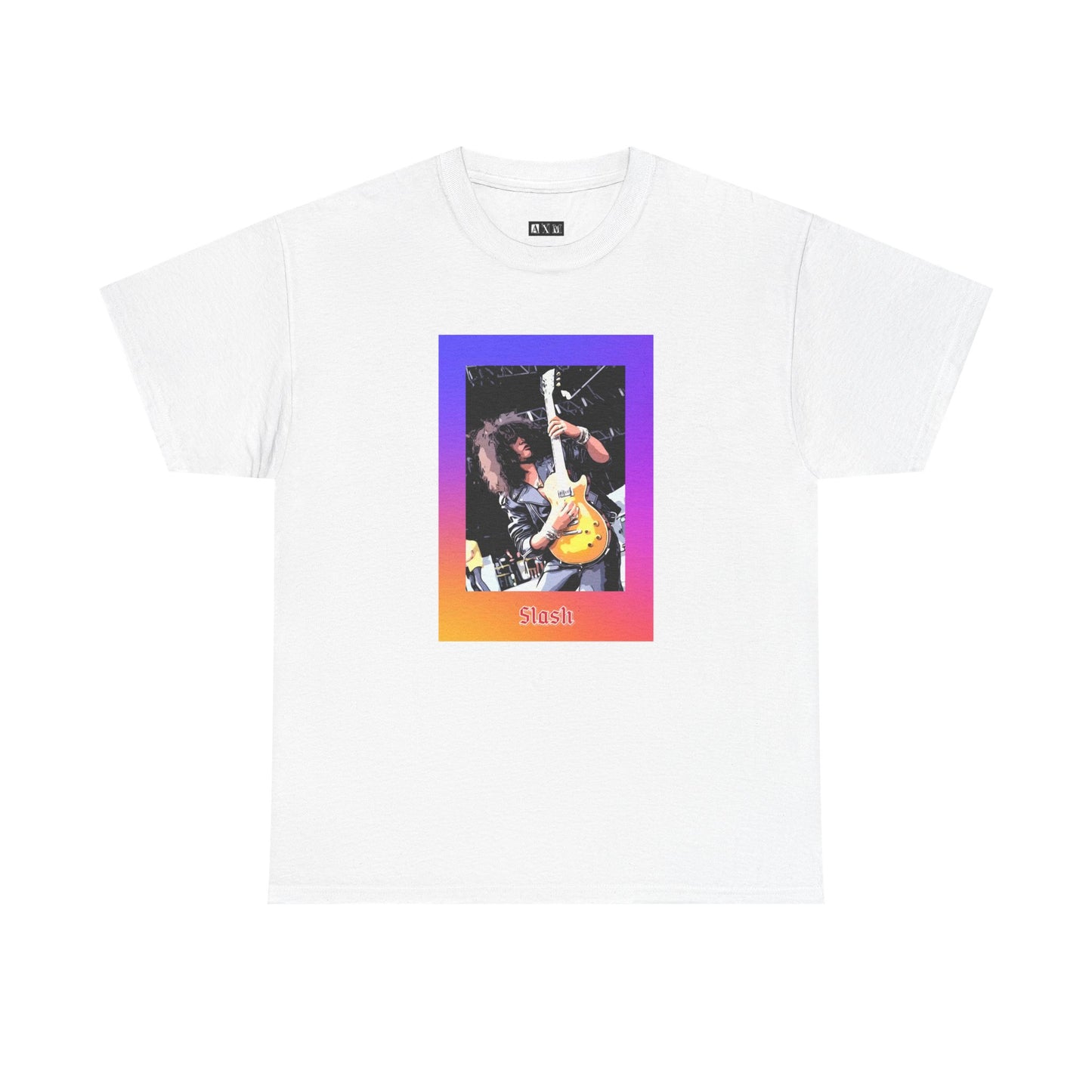 Slash unisex heavyweight tee shirt featuring the legendary guitar hero in full glory, framed by a fiery gradient that screams pure rock ’n’ roll rebellion. Ignite your style and pay tribute wherever you go.