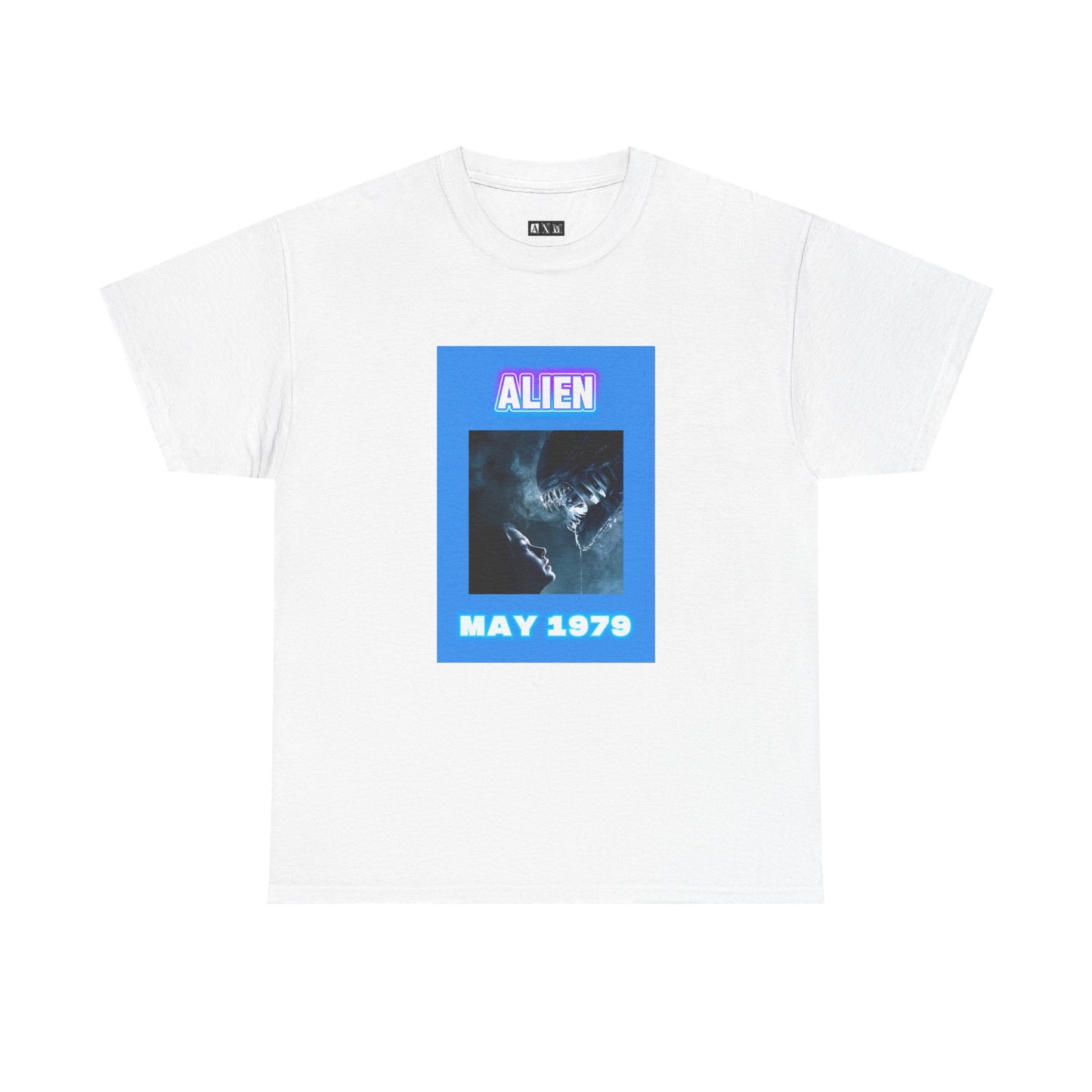 Alien unisex heavyweight tee shirt. A chilling tribute to Ridley Scott’s sci-fi horror masterpiece, capturing the fateful encounter of human and xenomorph, framed in neon tones with “ALIEN” and “MAY 1979.” Wear the terror that redefined cinema.