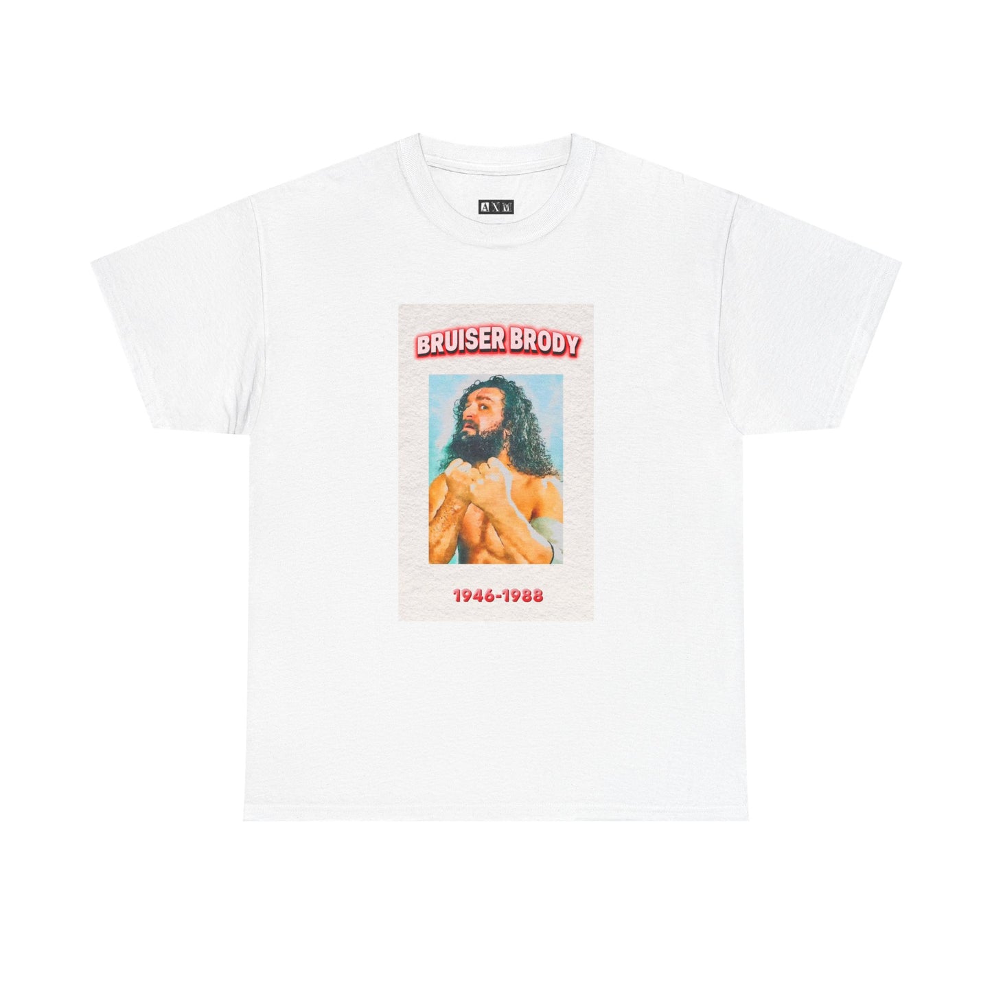 Bruiser Brody unisex heavyweight tee shirt. It blazes with power and pride. It features his iconic image and lasting years, it’s more than a shirt—it’s a tribute to the wild heart of professional wrestling.