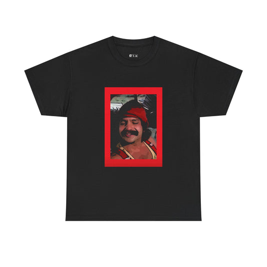 Cheech Marin unisex heavyweight tee shirt. Featuring a vintage portrait with his signature mustache and smile, it's a nod to his memorable character, Pedro DePacas. Perfect for fans of classic comedy.