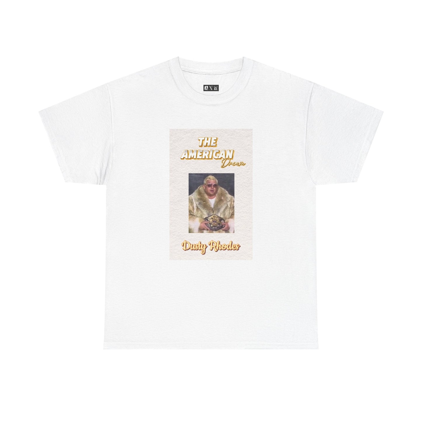 Dusty Rhodes unisex heavyweight tee shirt celebrating the “American Dream” in all of his wrestling glory.  Featuring Rhodes in a fur coat with his championship belt, this shirt screams out attitude and represents a legacy.