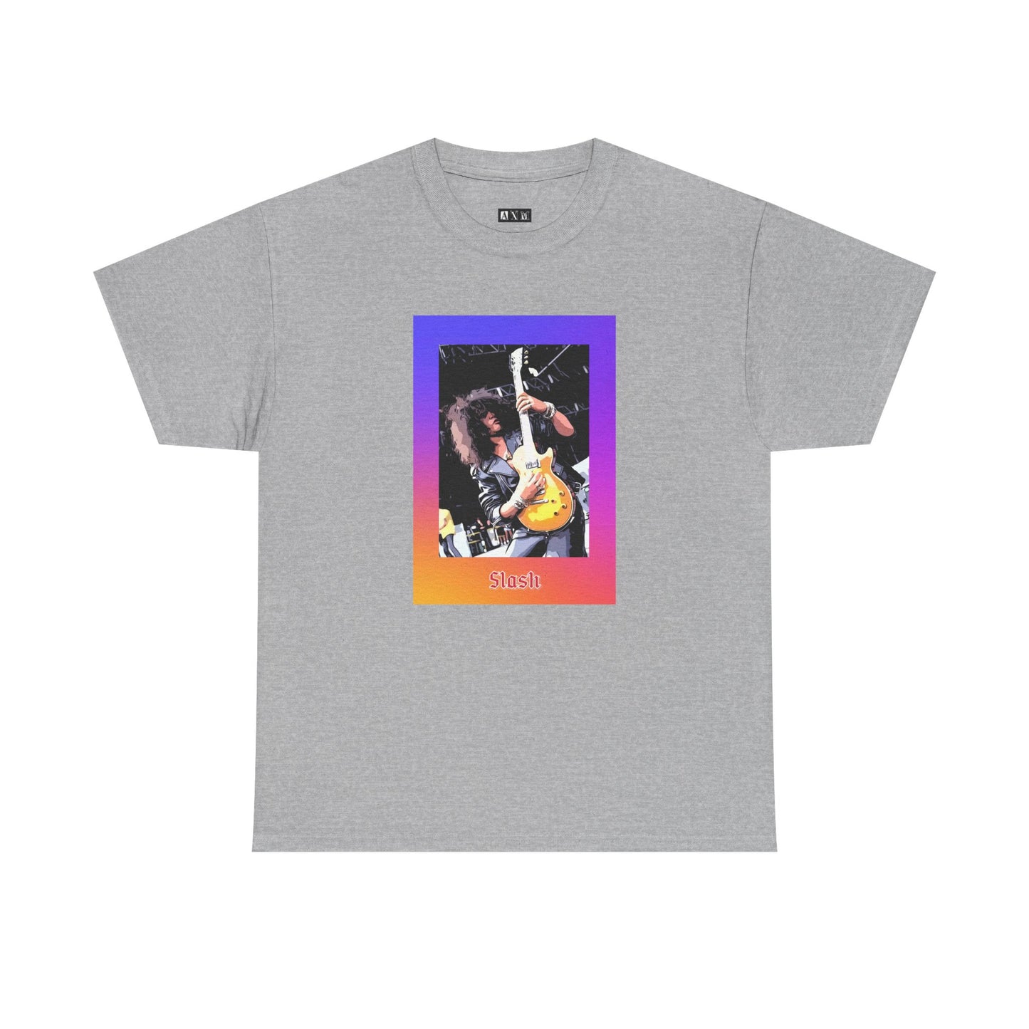 Slash unisex heavyweight tee shirt featuring the legendary guitar hero in full glory, framed by a fiery gradient that screams pure rock ’n’ roll rebellion. Ignite your style and pay tribute wherever you go.