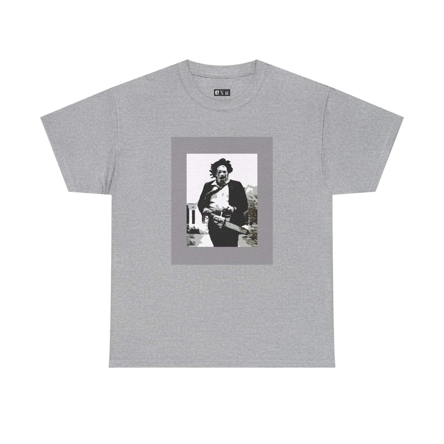 Leatherface black unisex heavyweight tee shirt. Chainsaw in hand, frozen mid-charge—an iconic, chilling tribute to horror’s most infamous figure. Perfect for those who embrace fear with a fearless style.