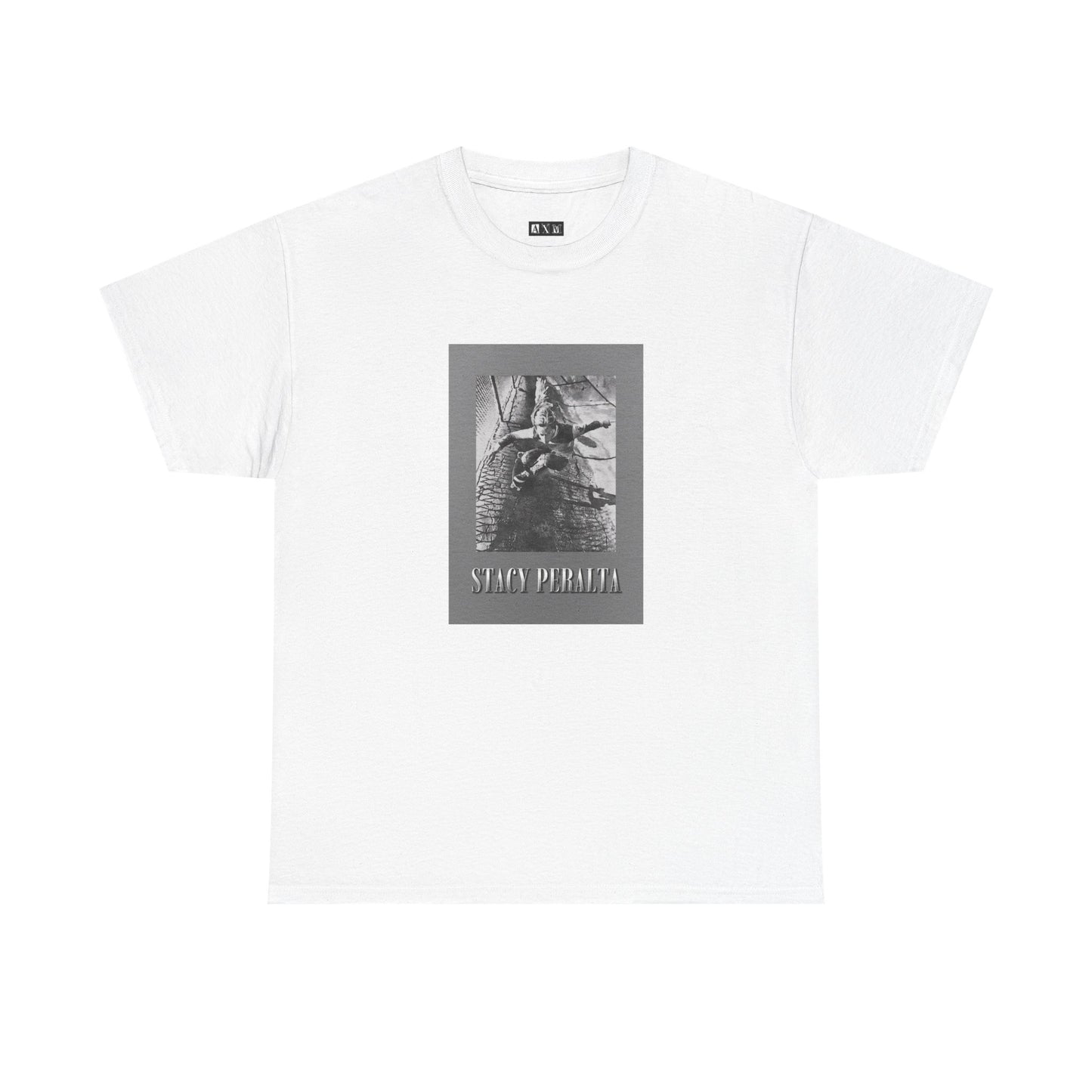 Stacy Peralta unisex heavyweight tee shirt. It unleashes skateboarding’s raw spirit with a gray border and vintage photo.  A tribute to rebellion, freedom, and fearless style. Wear history. Command attention.