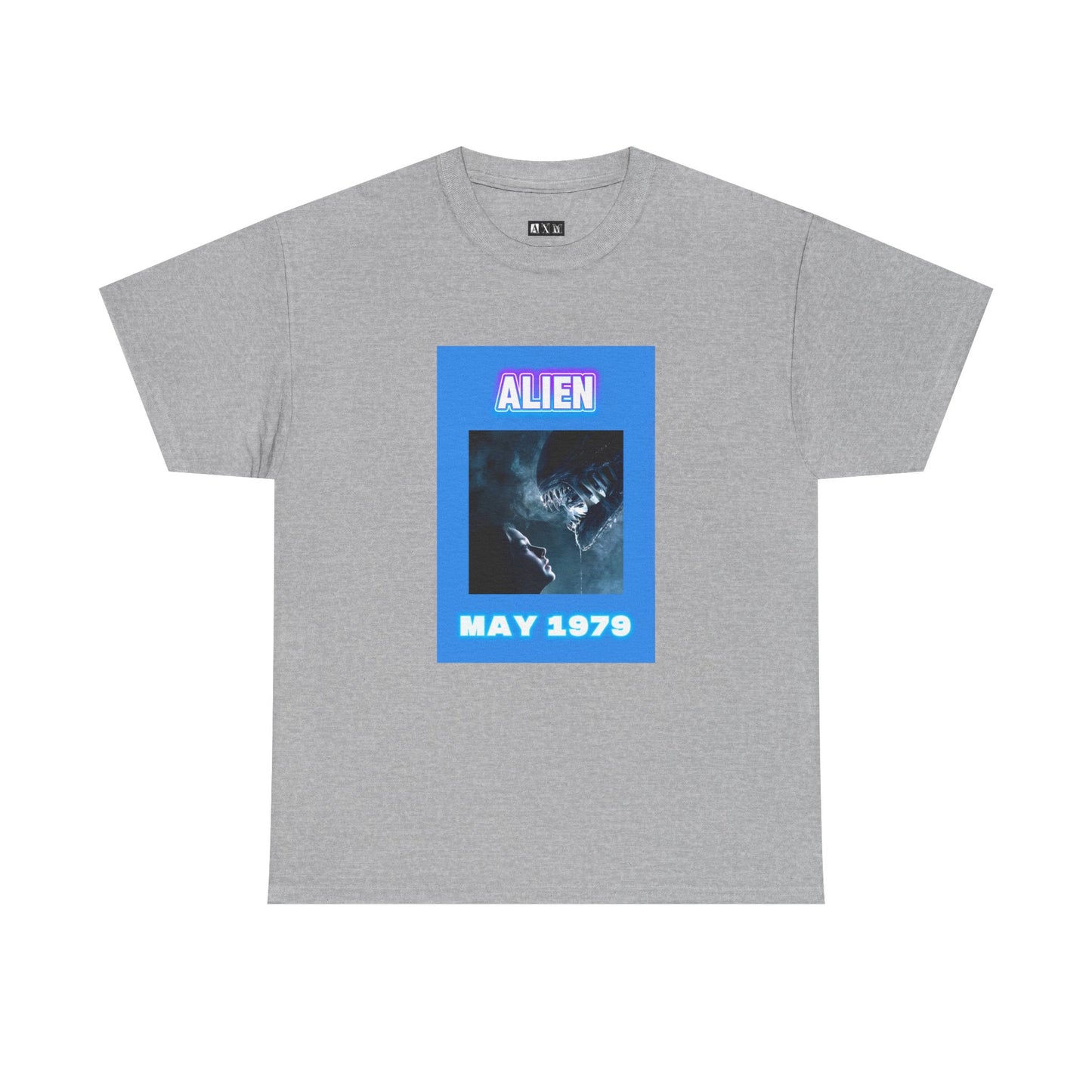 Alien unisex heavyweight tee shirt. A chilling tribute to Ridley Scott’s sci-fi horror masterpiece, capturing the fateful encounter of human and xenomorph, framed in neon tones with “ALIEN” and “MAY 1979.” Wear the terror that redefined cinema.