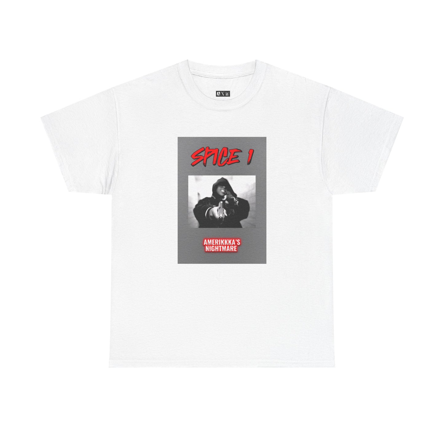 Spice 1 unisex heavyweight tee shirt featuring bold red text and the “AmeriKKKa’s Nightmare” cover art in grayscale. A striking tribute to raw West Coast hip-hop, this shirt channels gritty street energy with unapologetic style.