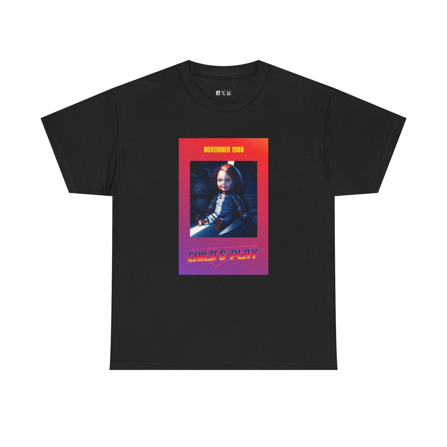 Child’s Play unisex heavyweight tee shirt featuring Chucky grinning with a knife framed in fiery neon. Marked “November 1988,” it’s a sinister tribute to the birth of a legend. A must-have for fans who dare wear the nightmare.