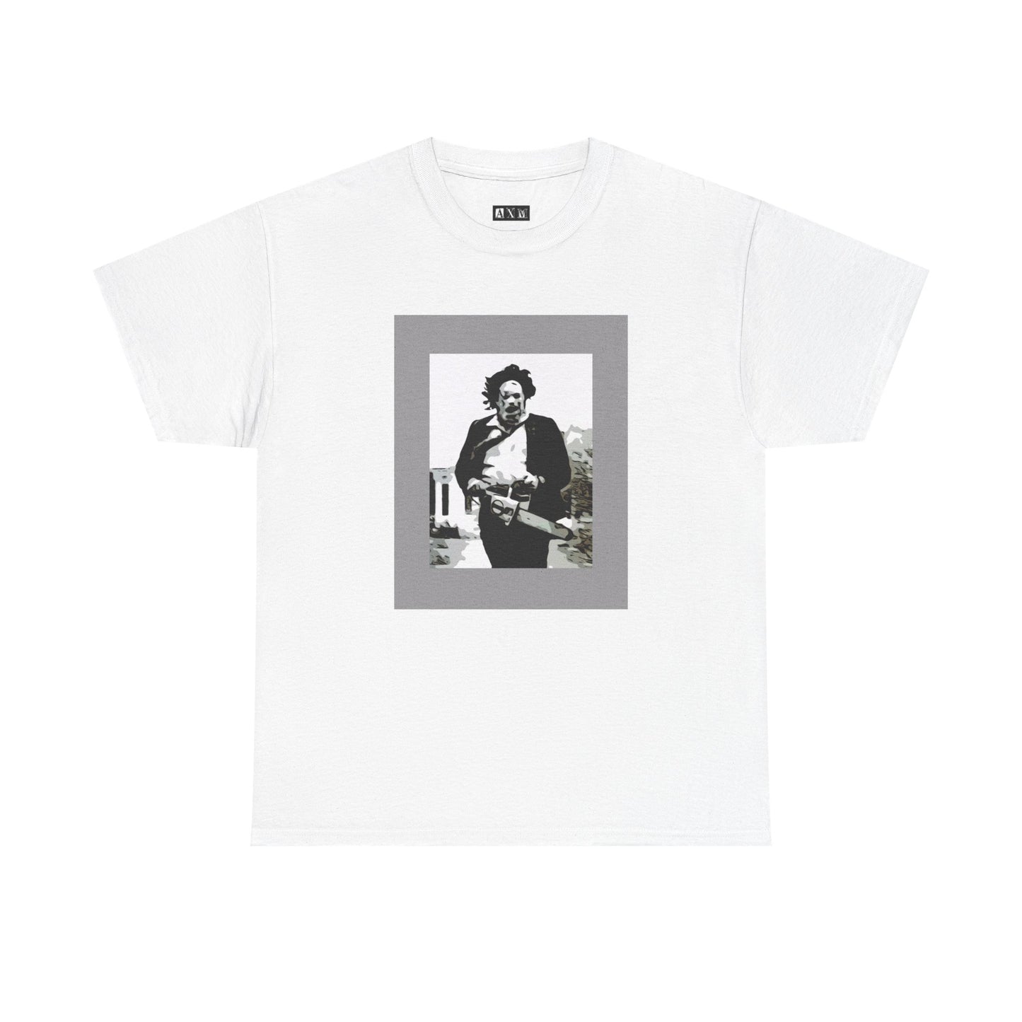 Leatherface black unisex heavyweight tee shirt. Chainsaw in hand, frozen mid-charge—an iconic, chilling tribute to horror’s most infamous figure. Perfect for those who embrace fear with a fearless style.