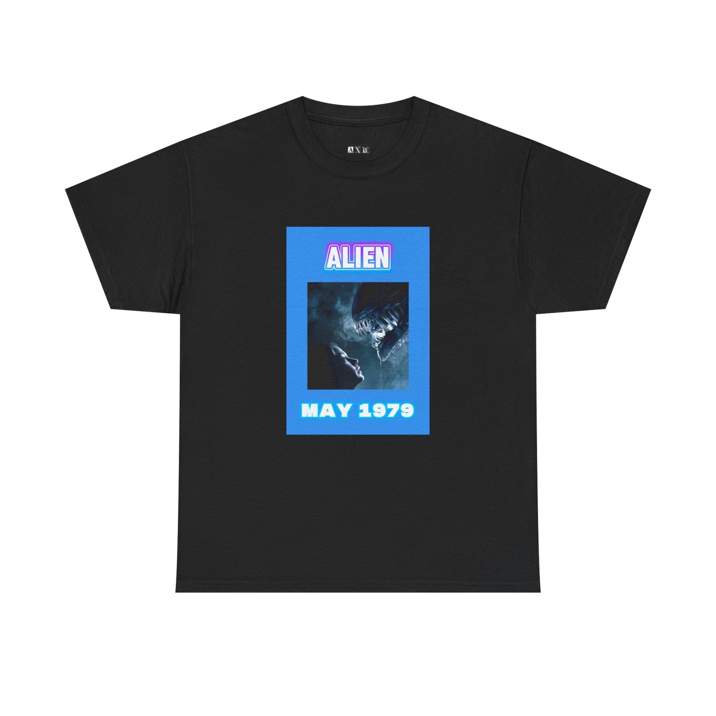Alien unisex heavyweight tee shirt. A chilling tribute to Ridley Scott’s sci-fi horror masterpiece, capturing the fateful encounter of human and xenomorph, framed in neon tones with “ALIEN” and “MAY 1979.” Wear the terror that redefined cinema.