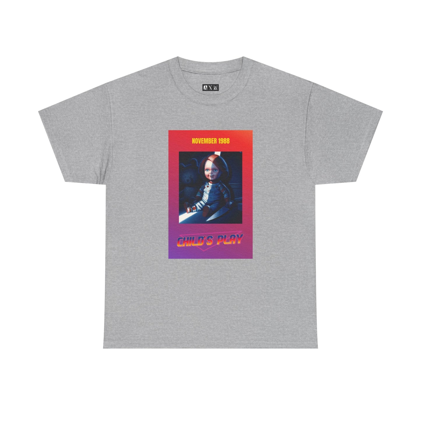 Child’s Play unisex heavyweight tee shirt featuring Chucky grinning with a knife framed in fiery neon. Marked “November 1988,” it’s a sinister tribute to the birth of a legend. A must-have for fans who dare wear the nightmare.