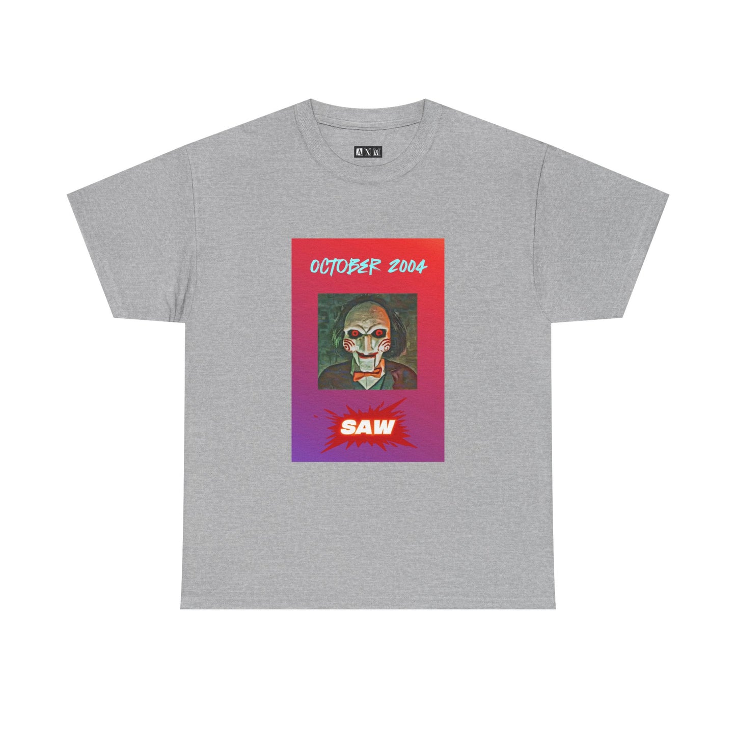 Saw unisex heavyweight tee shirt featuring Jigsaw’s haunting stare, bold “October 2004” above, and a blood-red SAW blast below. A wearable reminder of the game that changed terror foreverand a chilling tribute to horror history.