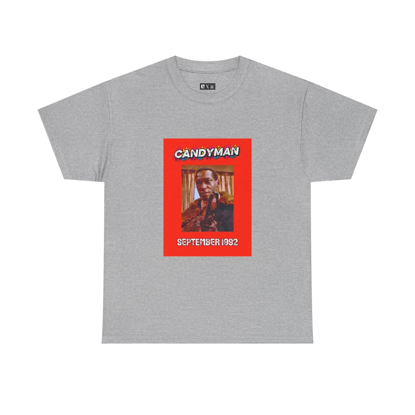 Candyman unisex heavyweight tee shirt featuring the infamous killer with a menacing hook in hand. It has a bold red frame the date “September 1992”—a nod to the film’s legendary debut. A perfect shirt for fans who dare to say his name.