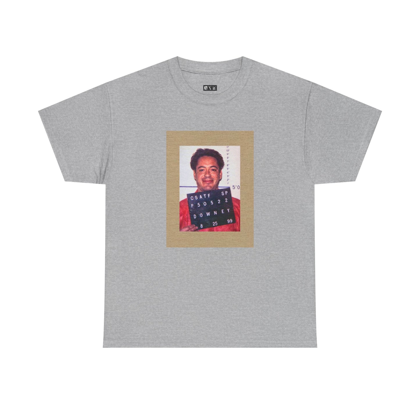 Robert Downey Jr. unisex heavyweight tee shirt featuring his infamous mugshot, a raw symbol of downfall and comeback. Wear it as a statement of grit, chaos, and ultimate redemption.