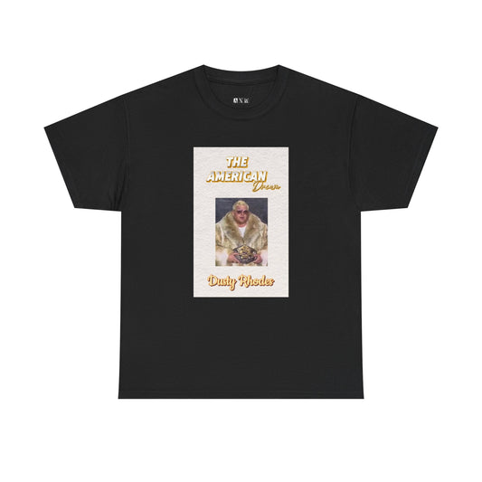 Dusty Rhodes unisex heavyweight tee shirt celebrating the “American Dream” in all of his wrestling glory.  Featuring Rhodes in a fur coat with his championship belt, this shirt screams out attitude and represents a legacy.