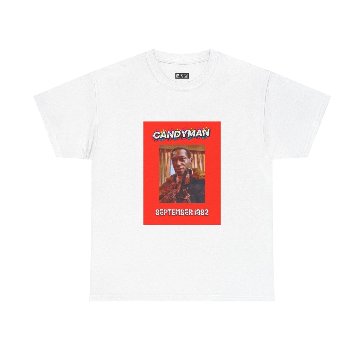 Candyman unisex heavyweight tee shirt featuring the infamous killer with a menacing hook in hand. It has a bold red frame the date “September 1992”—a nod to the film’s legendary debut. A perfect shirt for fans who dare to say his name.