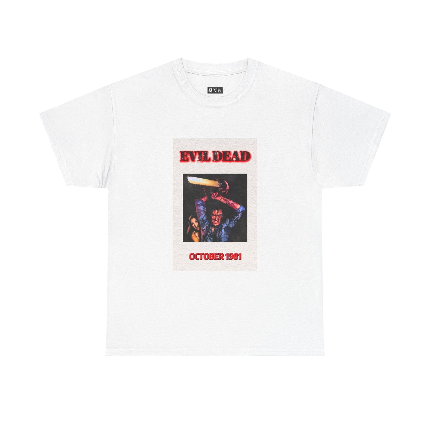 Evil Dead unisex heavyweight tee shirt featuring Ash in a frenzied battle stance channeling raw terror and blood soaked grit. Marked with October 1981, it’s not just apparel—it’s a shrine to the night horror history was written.