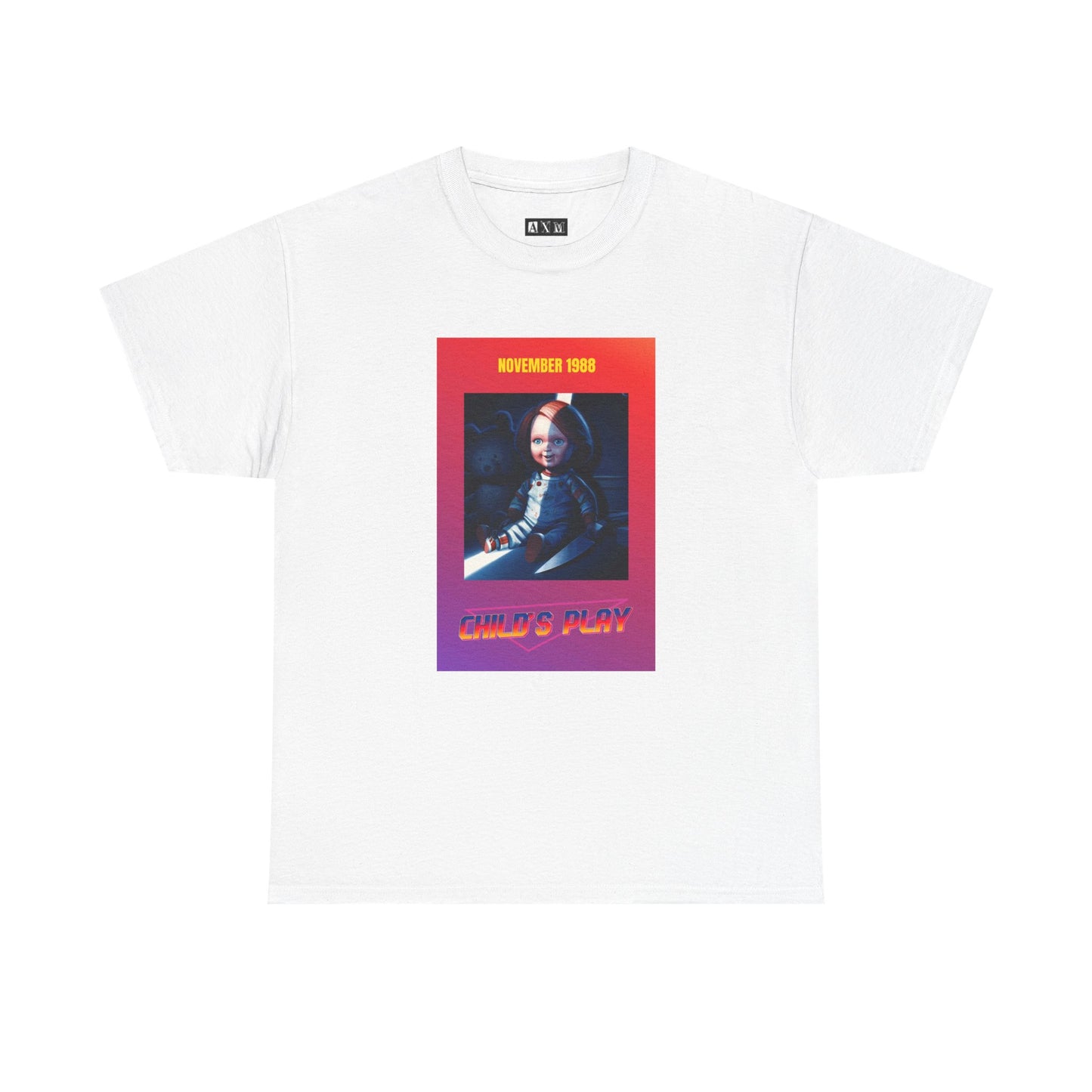 Child’s Play unisex heavyweight tee shirt featuring Chucky grinning with a knife framed in fiery neon. Marked “November 1988,” it’s a sinister tribute to the birth of a legend. A must-have for fans who dare wear the nightmare.