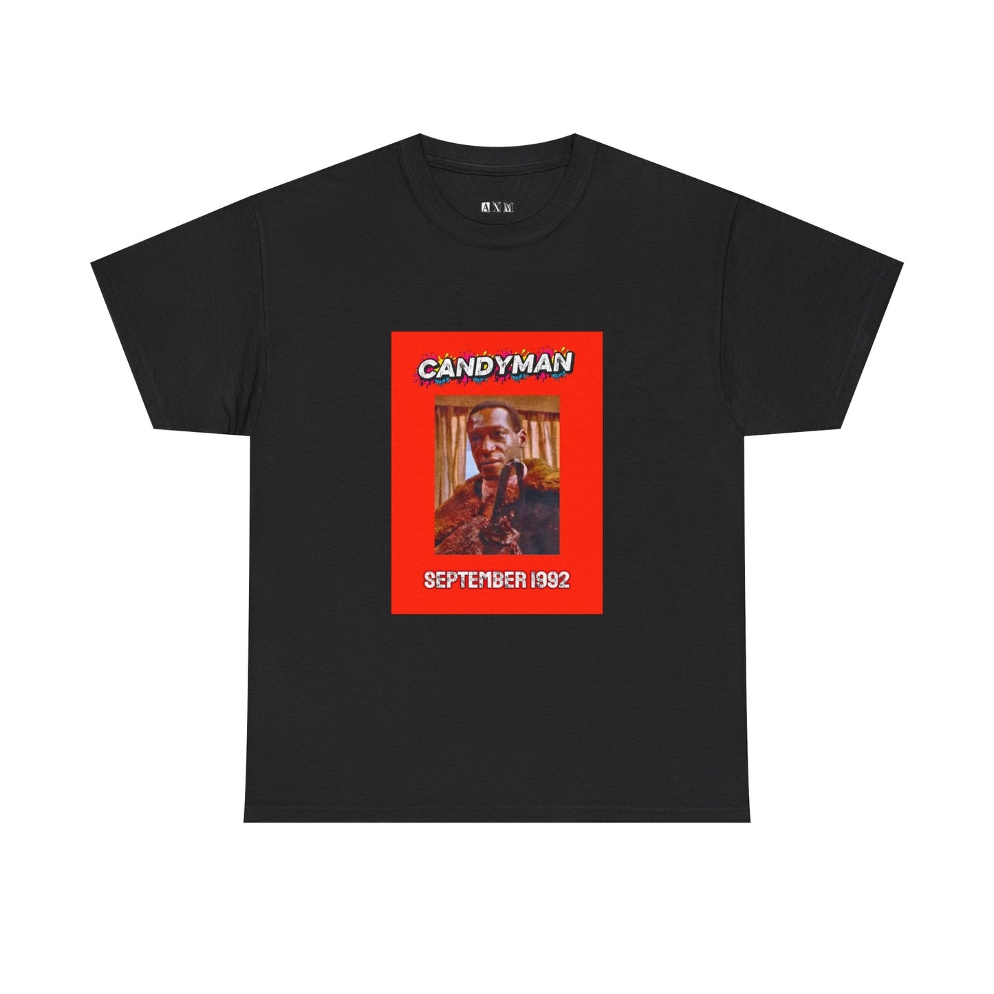 Candyman unisex heavyweight tee shirt featuring the infamous killer with a menacing hook in hand. It has a bold red frame the date “September 1992”—a nod to the film’s legendary debut. A perfect shirt for fans who dare to say his name.