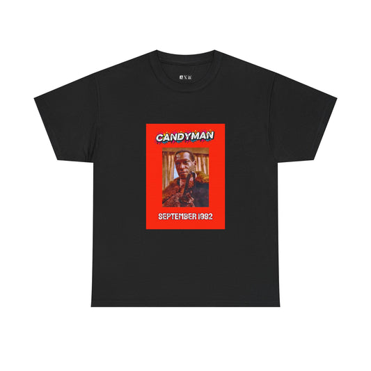 Candyman unisex heavyweight tee shirt featuring the infamous killer with a menacing hook in hand. It has a bold red frame the date “September 1992”—a nod to the film’s legendary debut. A perfect shirt for fans who dare to say his name.