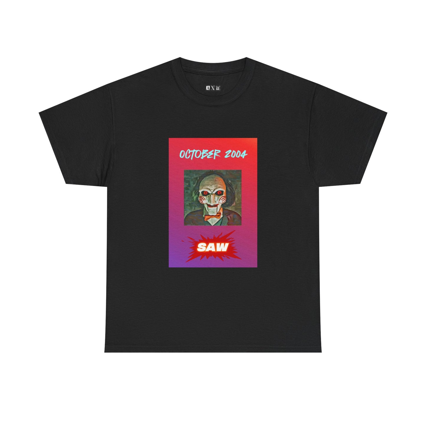 Saw unisex heavyweight tee shirt featuring Jigsaw’s haunting stare, bold “October 2004” above, and a blood-red SAW blast below. A wearable reminder of the game that changed terror foreverand a chilling tribute to horror history.