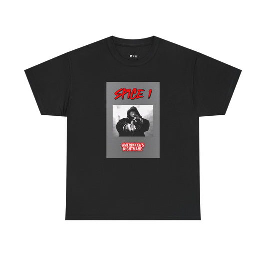 Spice 1 unisex heavyweight tee shirt featuring bold red text and the “AmeriKKKa’s Nightmare” cover art in grayscale. A striking tribute to raw West Coast hip-hop, this shirt channels gritty street energy with unapologetic style.